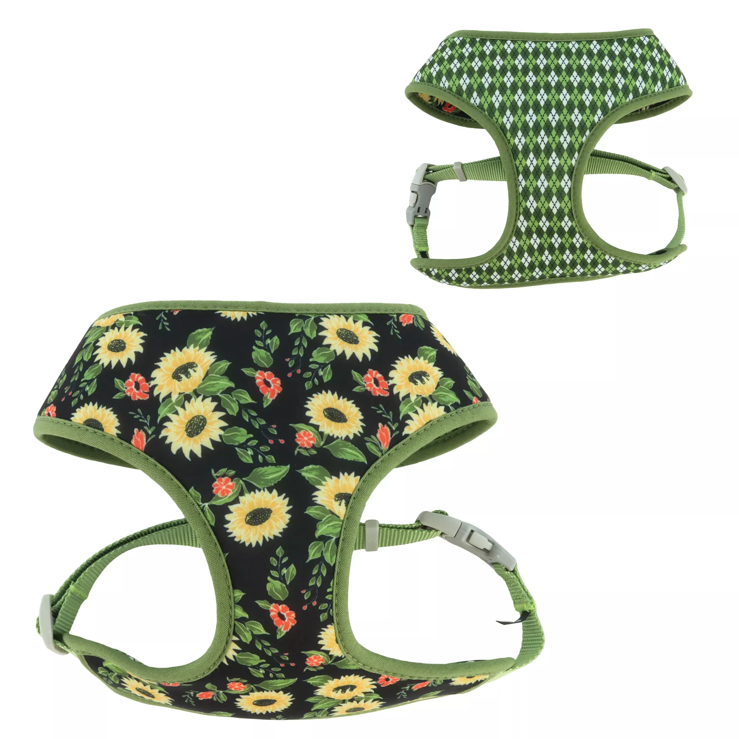 Coastal Sublime Adjustable Dog Harness - Sunflower with Green Argyle