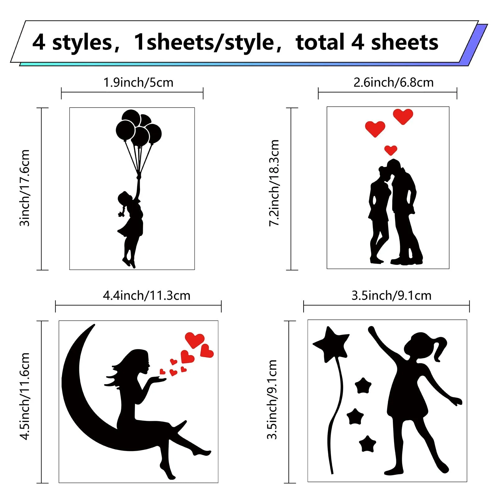 Craspire 4Pcs 4 Styles PET Waterproof Self-adhesive Car Stickers, Reflective Decals for Car, Motorcycle Decoration, Black, Human Pattern, 200x200mm, 4 styles, 1pc/styles, 4pcs/set