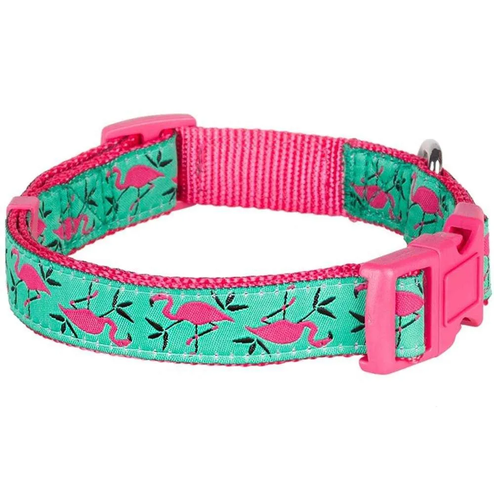 Flamingo Ladybug Dog Collar, Summer Vacation Tropical Hawaiian Palm Leaves Collar