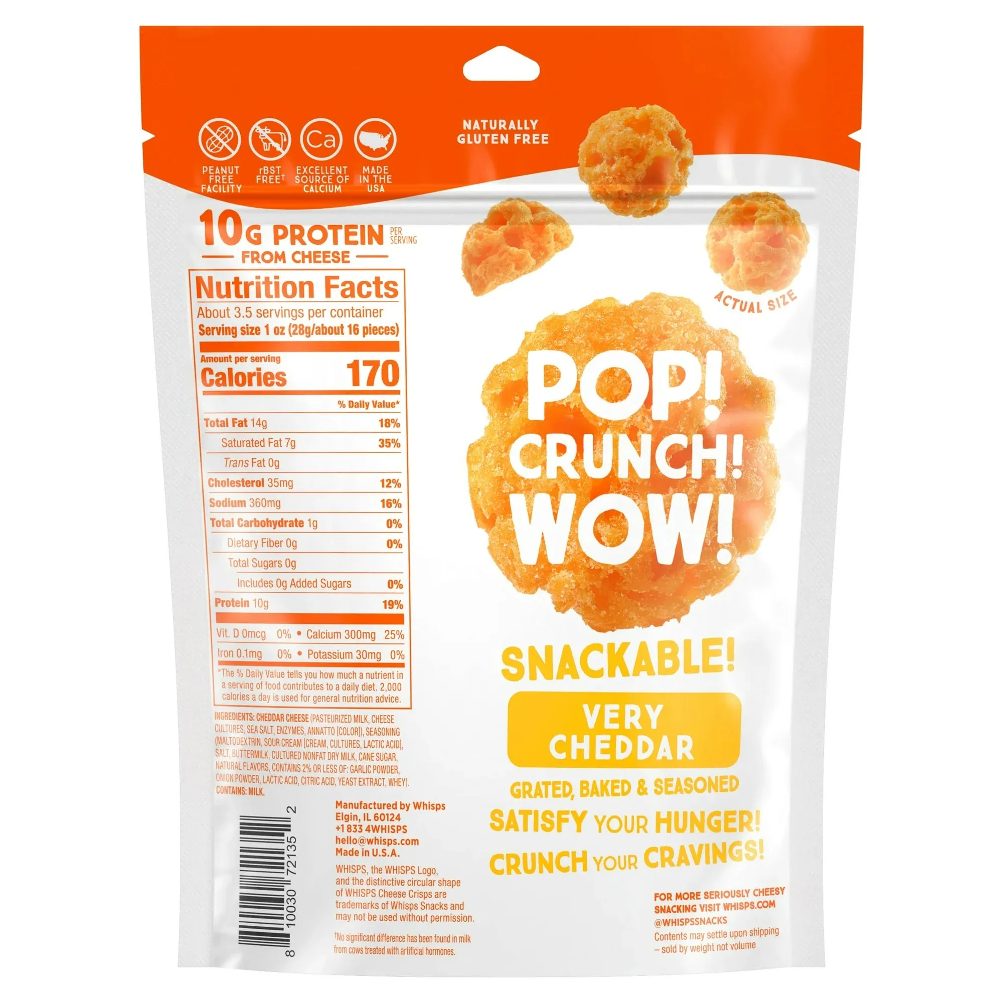 Whisps Popped, Very Cheddar Cheese Snack, 10g Protein from Real Baked Cheese, 3.5 oz